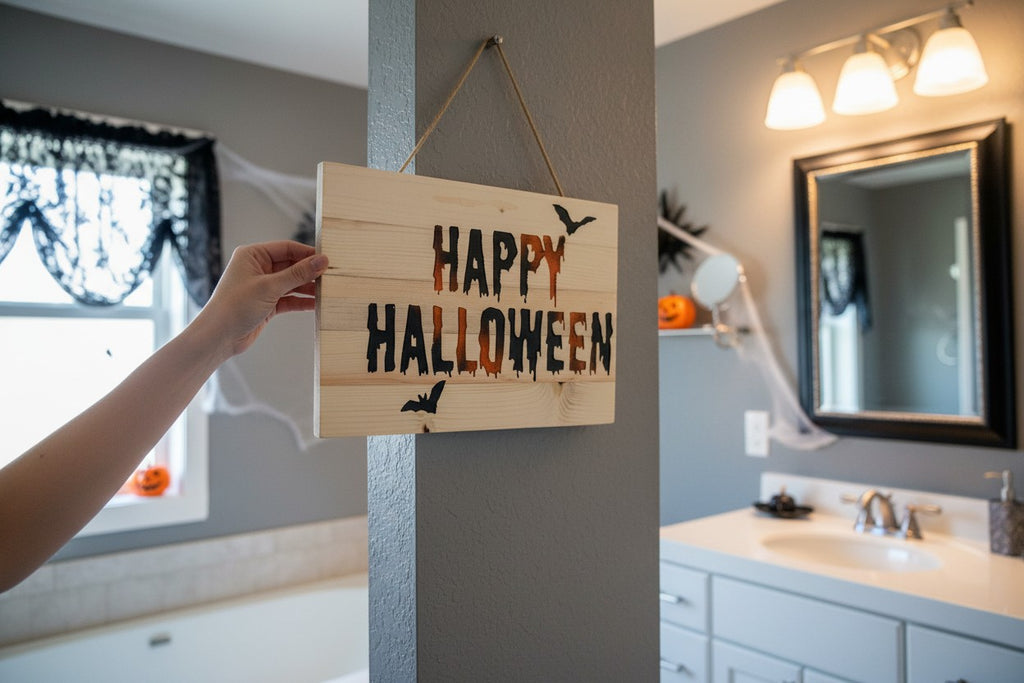 TK Wood Designs Happy Halloween rustic wood sign with dripping black and orange letters and bat silhouettes.