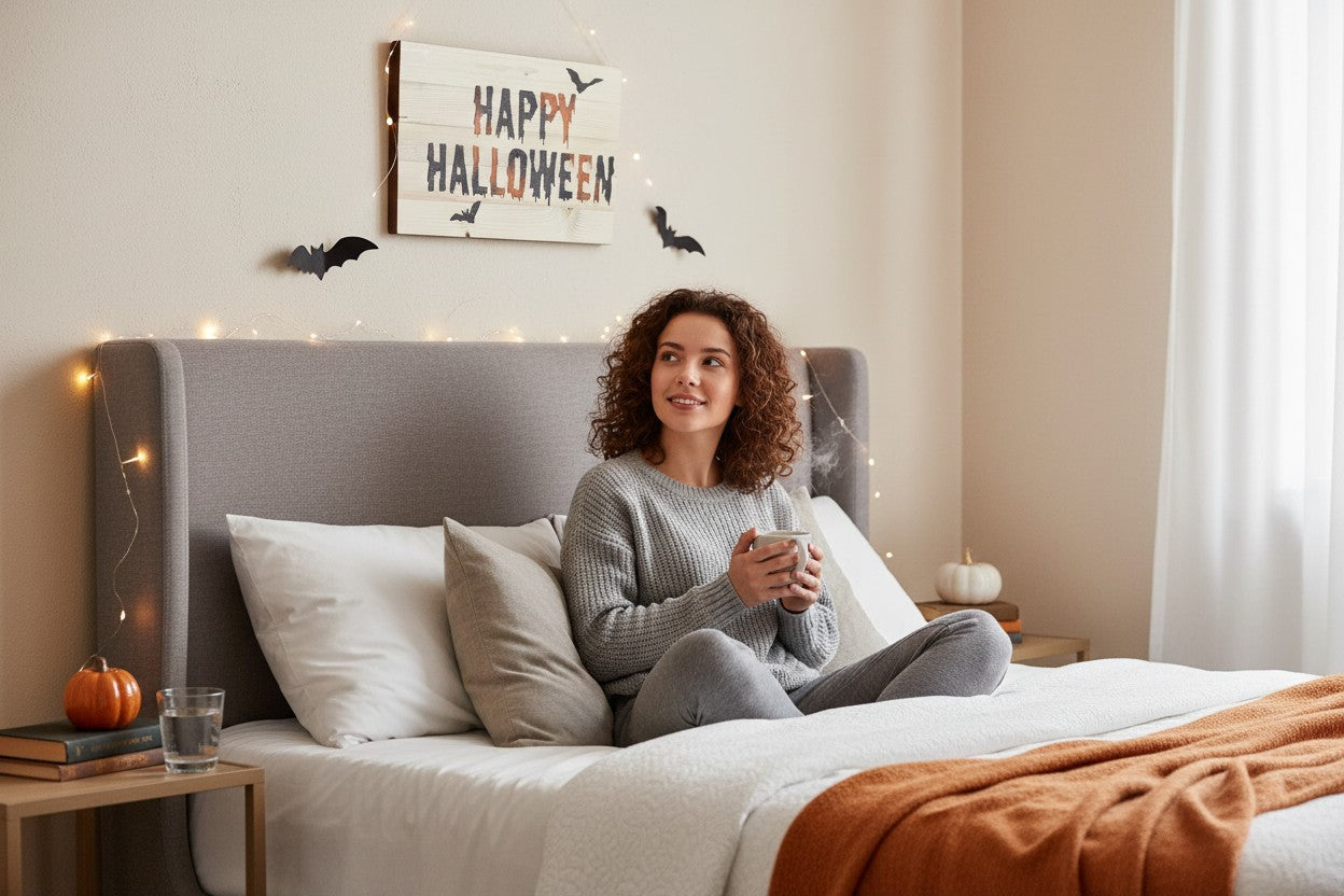 TK Wood Designs rustic wood sign with dripping black and orange letters spelling Happy Halloween, featuring bat silhouettes.