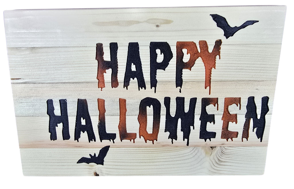 TK Wood Designs Happy Halloween wooden sign with bats and dripping letters. Natural wood finish.