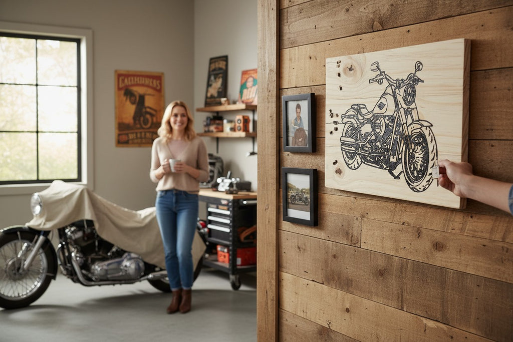 TK Wood Designs Harley Davidson motorcycle wood sign, featuring a detailed wood-burned image of a classic motorcycle on natural wood.