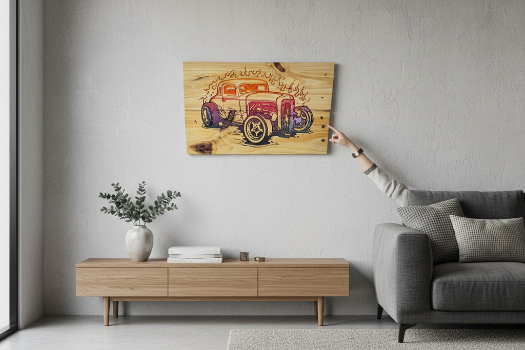 TK Wood Designs wood sign featuring a vintage hot rod car with flames, wood burned and painted in orange, red, and purple hues.