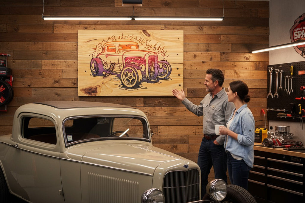 TK Wood Designs salvaged wood sign featuring a hot rod car with flames, wood burned and painted in orange, purple, and red hues.