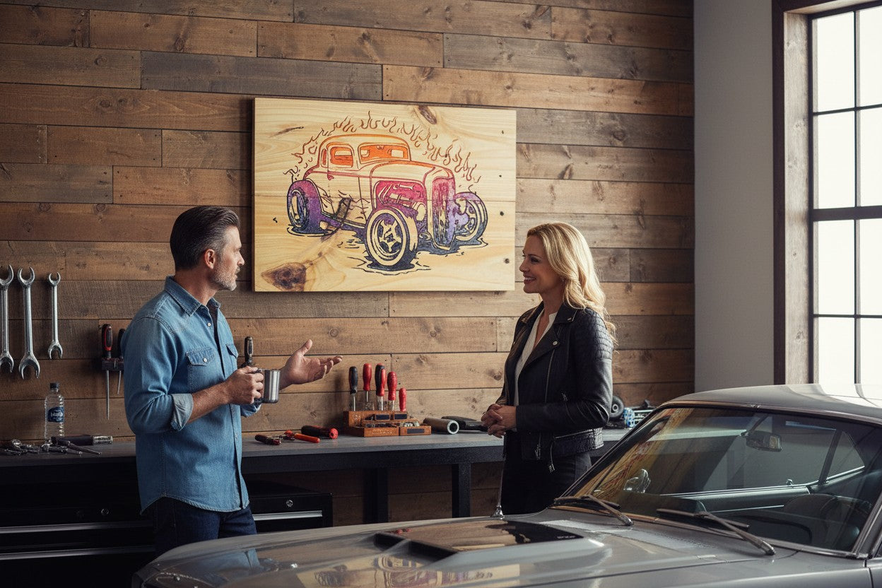 TK Wood Designs salvaged wood sign featuring a vintage hot rod engulfed in flames, with orange and purple accents.