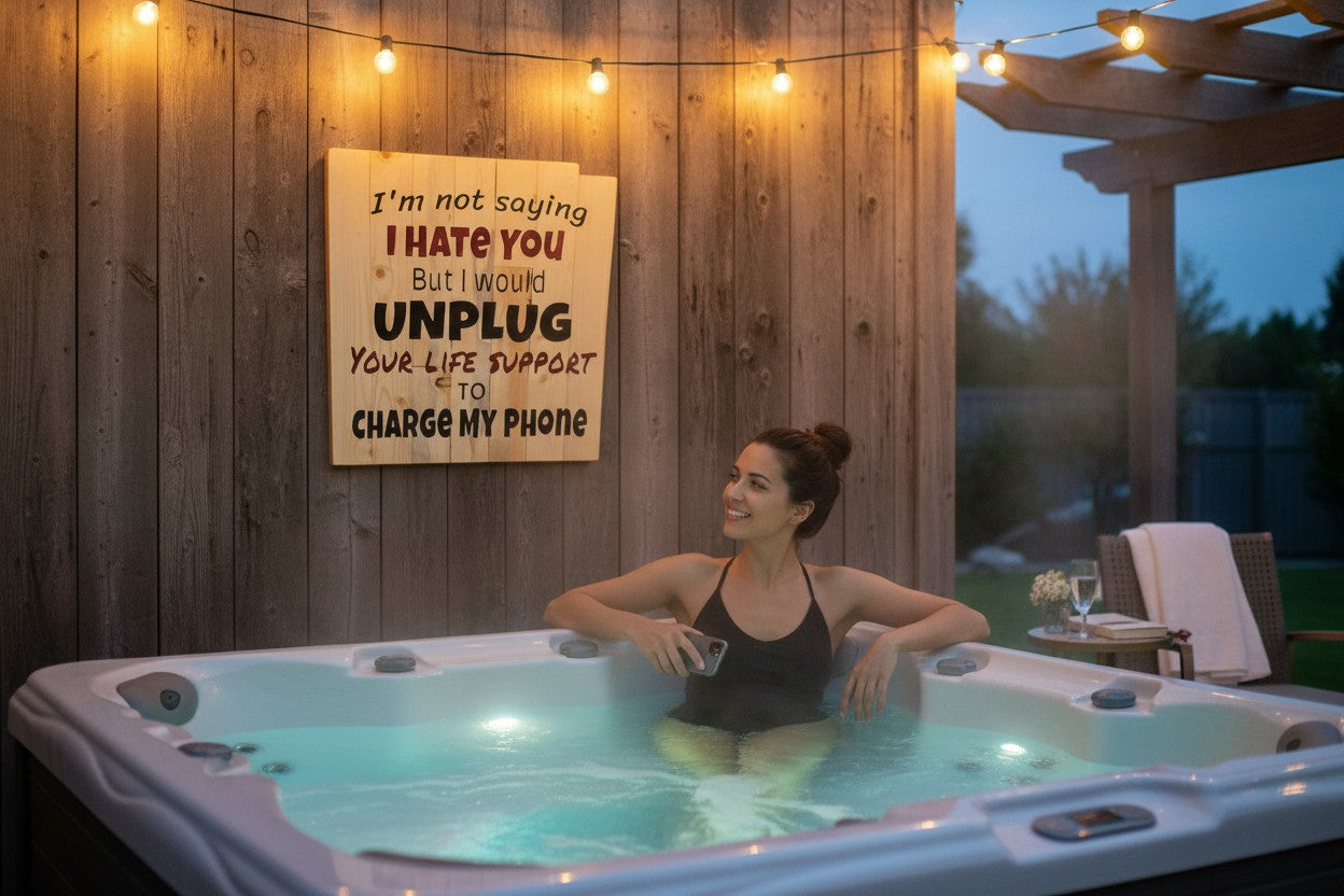 TK Wood Designs humorous wooden sign with text: I'm not saying I HATE YOU but I would UNPLUG YOUR LIFE SUPPORT TO CHARGE MY PHONE.