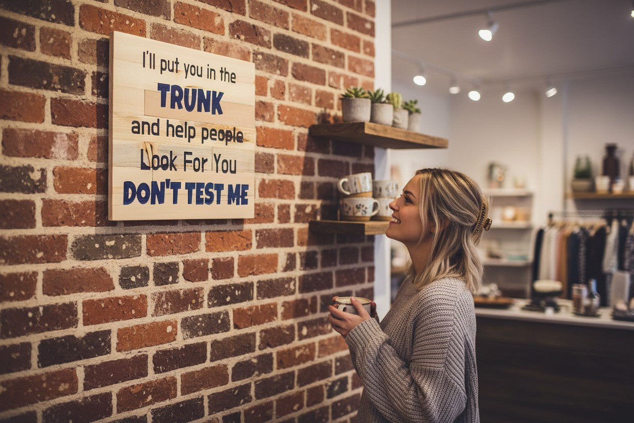 TK Wood Designs humorous wooden sign with navy blue text reading "I'll put you in the TRUNK and help people Look For You DON'T TEST ME."