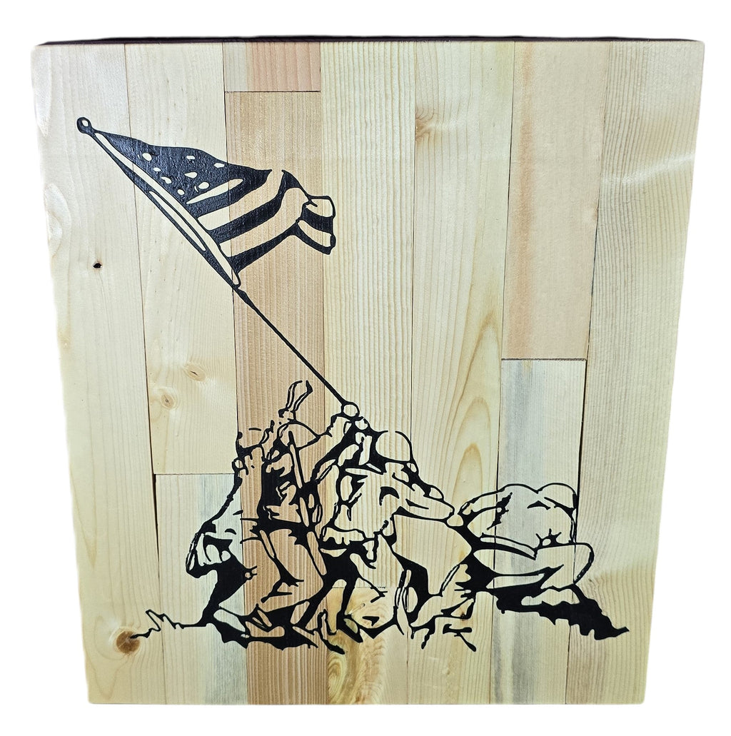 TK Wood Designs Raising the Flag on Iwo Jima wood wall art, black silhouette on natural wood planks.