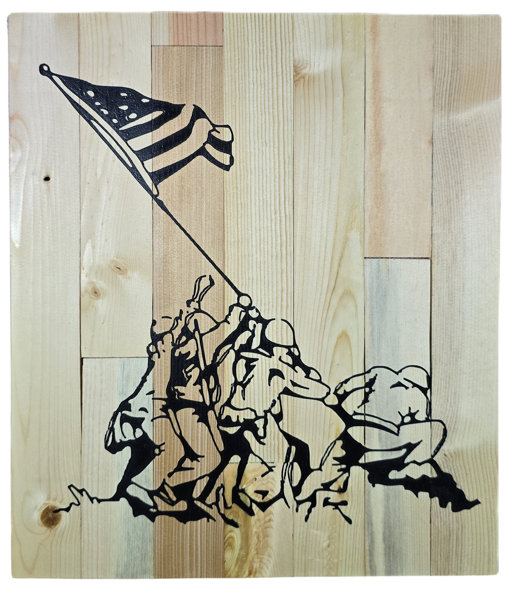 TK Wood Designs Raising the Flag on Iwo Jima wood wall art, black silhouette on natural wood planks.