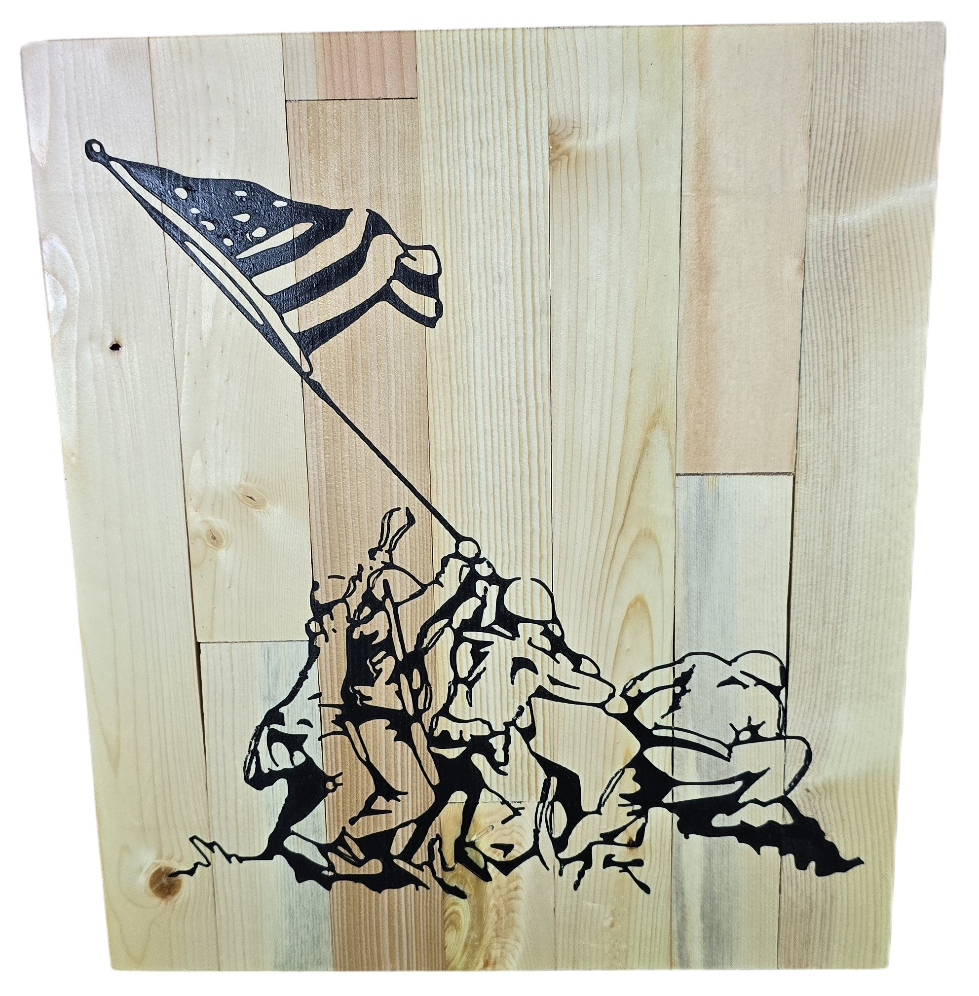 TK Wood Designs Raising the Flag on Iwo Jima wood wall art, black silhouette on natural wood planks.