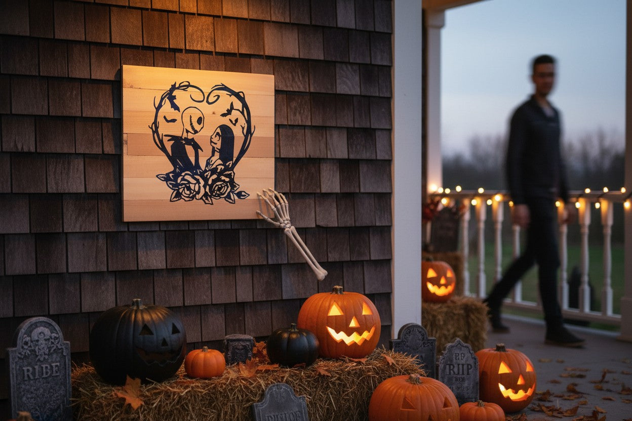 TK Wood Designs wooden sign featuring Jack and Sally silhouette within a heart shape, surrounded by roses and bats.