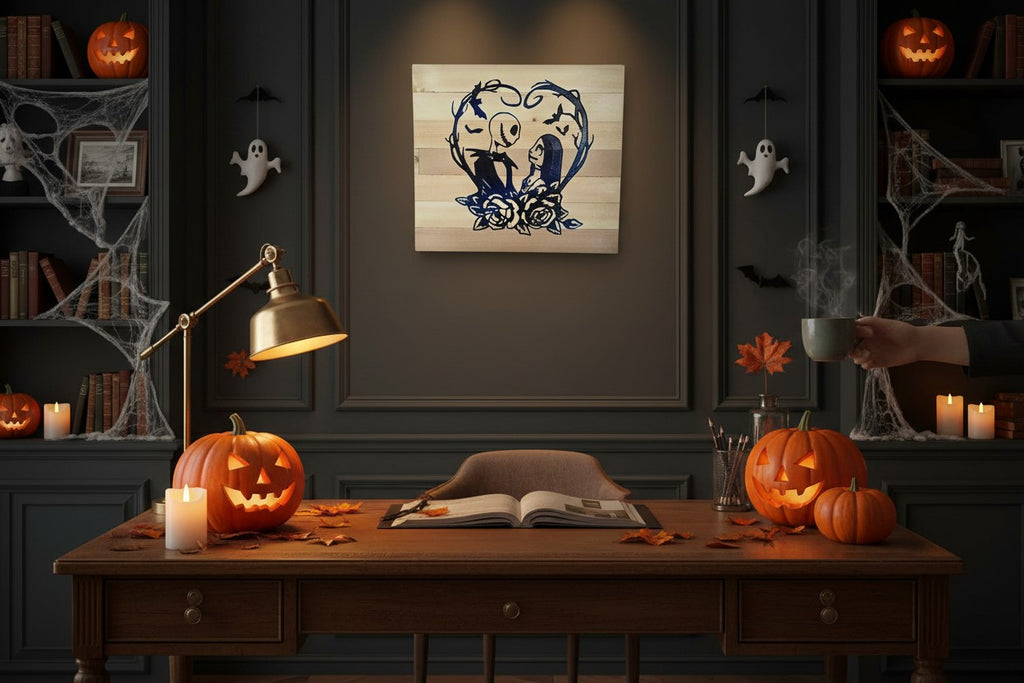 TK Wood Designs Jack and Sally wooden sign with dark blue silhouette art on a light wood plank background.