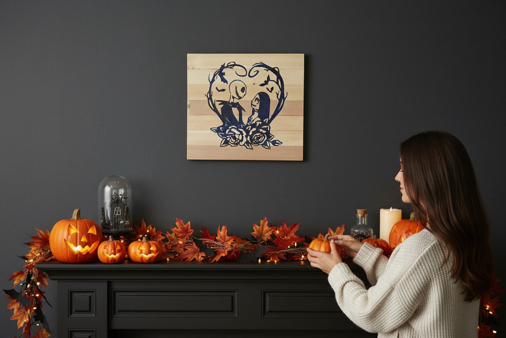 TK Wood Designs Jack and Sally wooden sign with blue silhouette art on a light wood background.