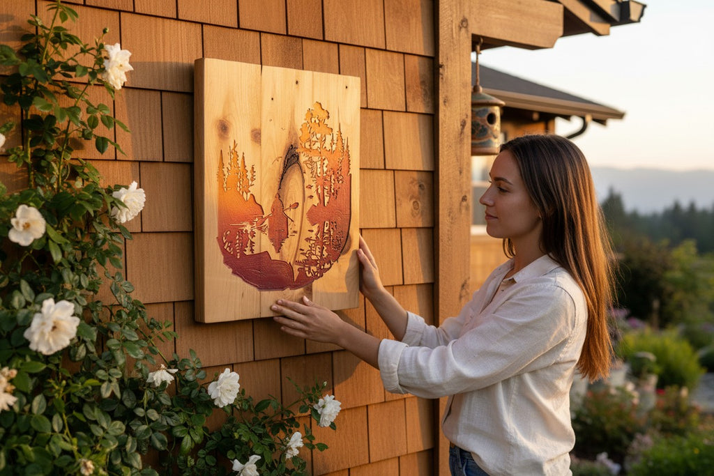 TK Wood Designs wooden sign with carved forest and kayaker scene, sunset gradient.