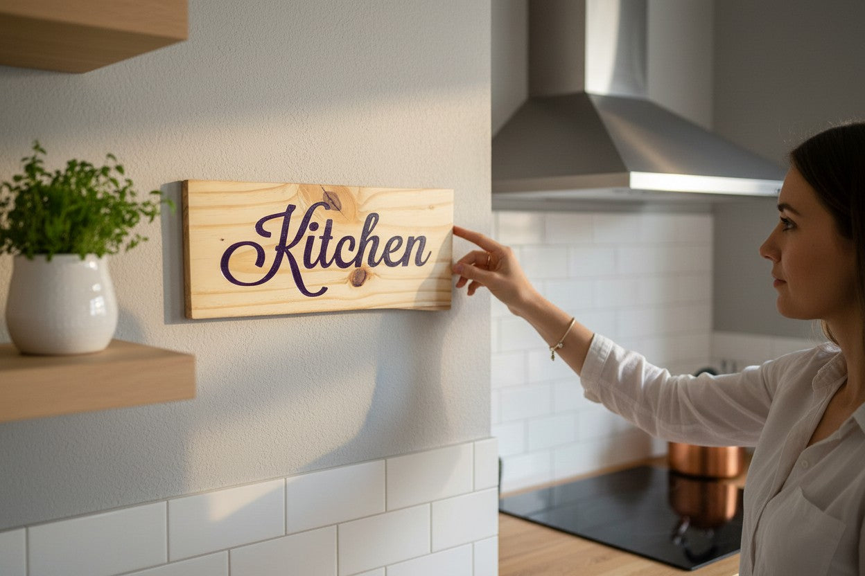 TK Wood Designs rustic light wood kitchen sign with dark purple script lettering.