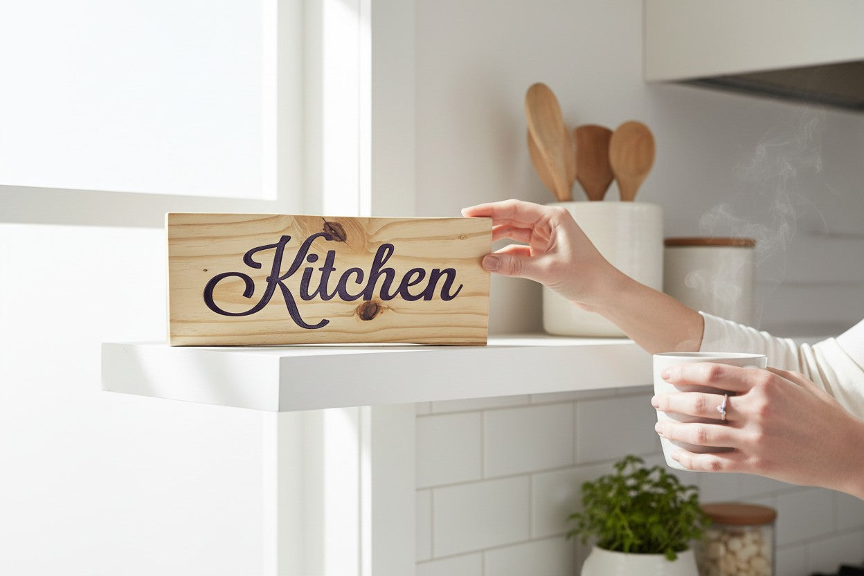 TK Wood Designs rustic light wood kitchen sign with dark purple script lettering.