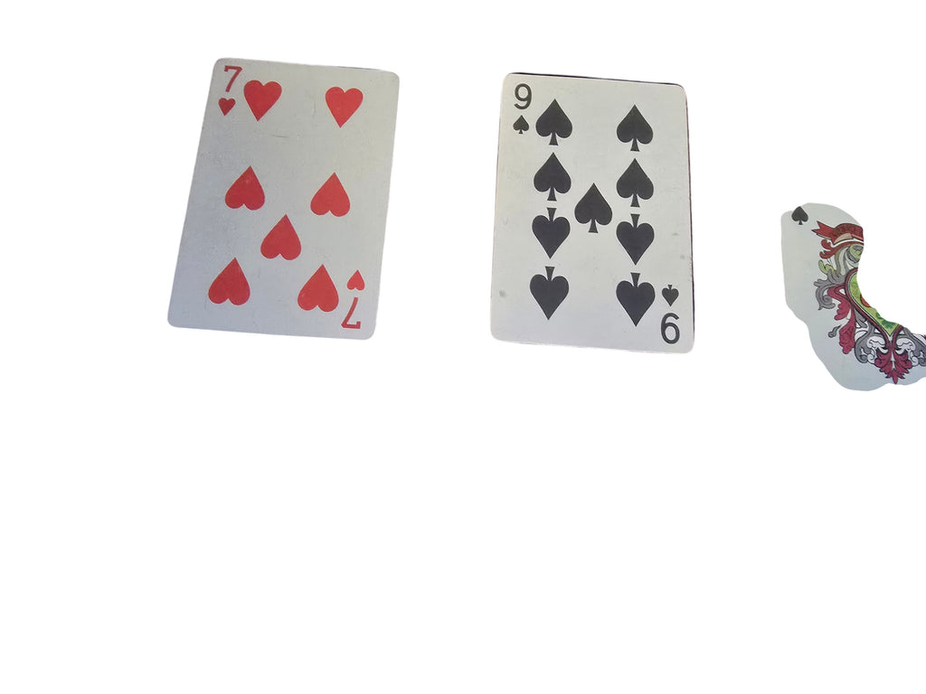 TK Wood Designs Large Jenga Set playing cards: 7 of Hearts, 9 of Spades, and a partial decorative card.
