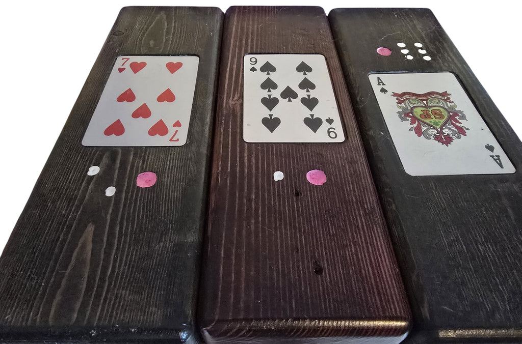 TK Wood Designs Large Jenga Set with black cherry wood blocks featuring playing card designs and dice.