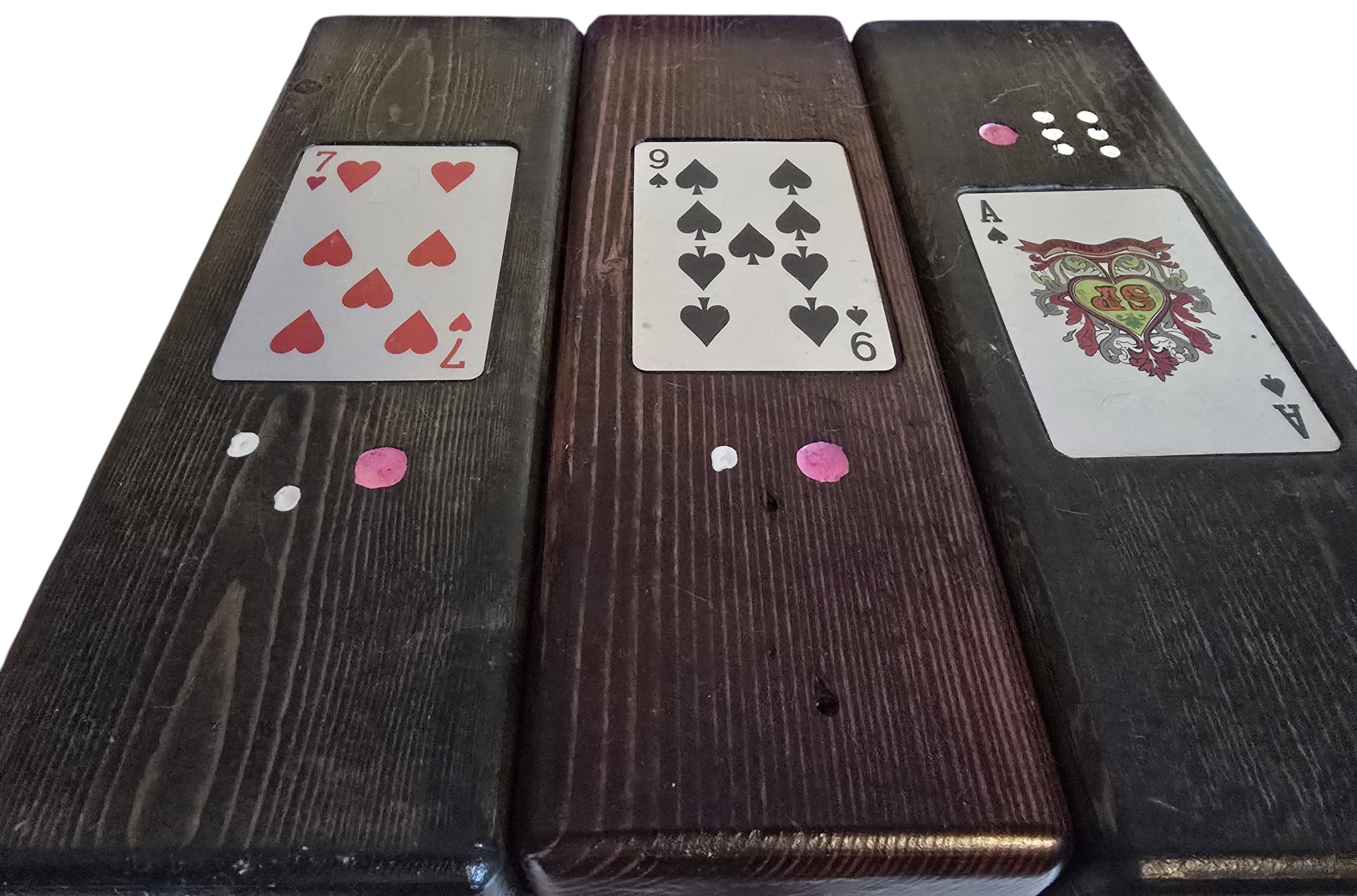 TK Wood Designs Large Jenga Set with black cherry wood blocks featuring playing card designs and dice.