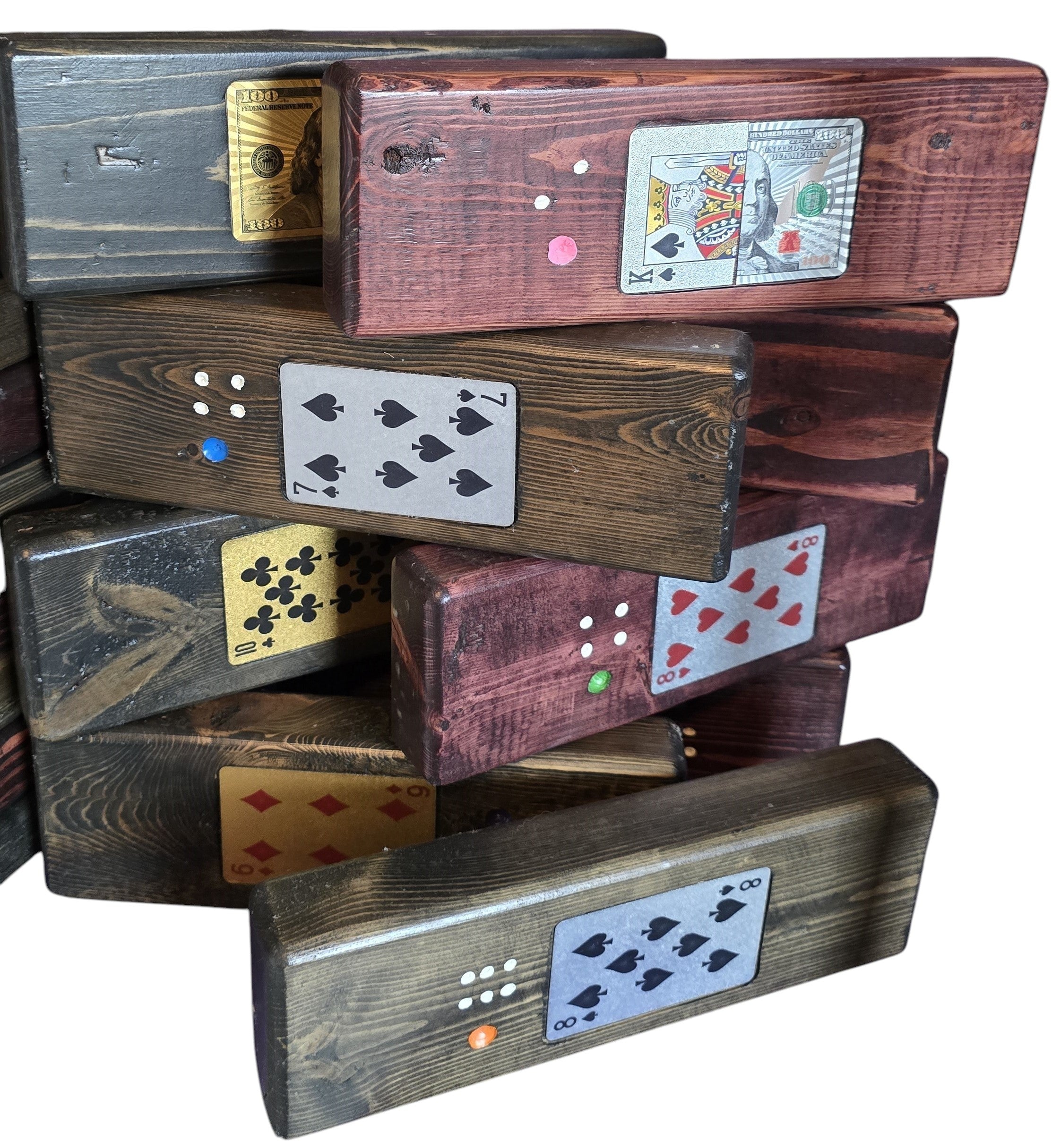 TK Wood Designs large Jenga set with black cherry wood blocks stained dark brown and black, featuring playing card designs.