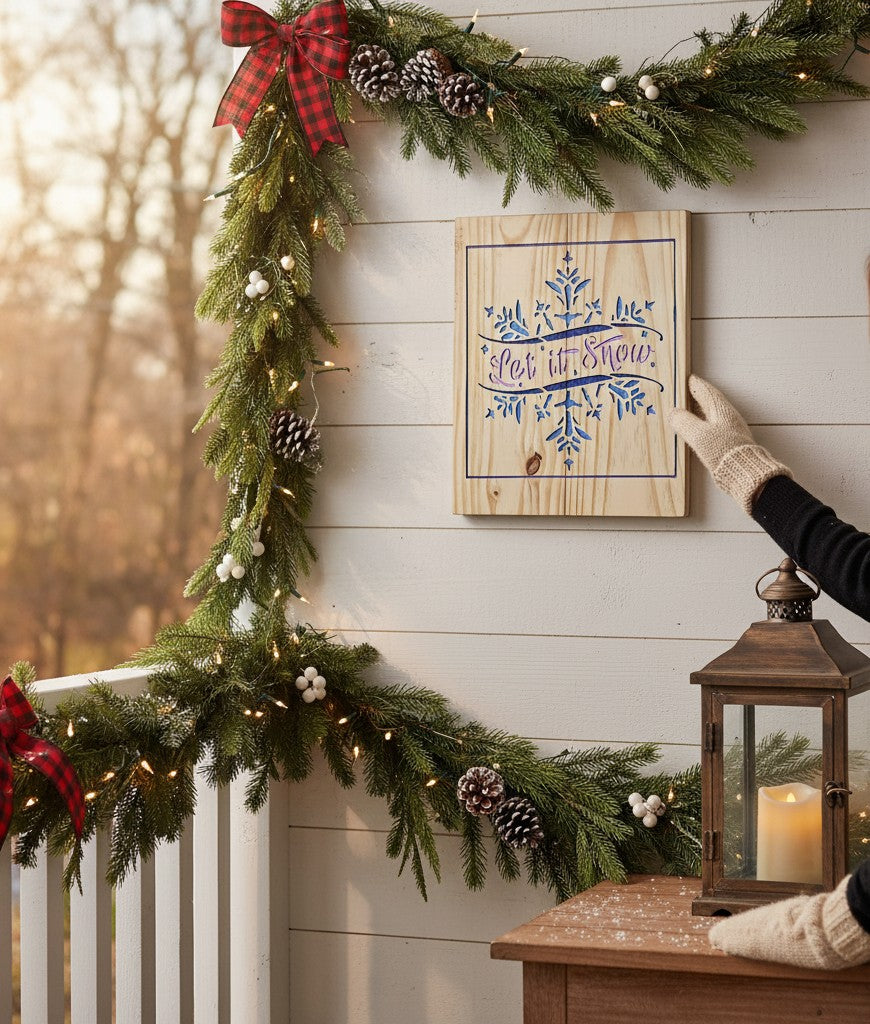 TK Wood Designs rustic wood sign with "Let it Snow" carved and painted in blue and purple, featuring a snowflake motif.