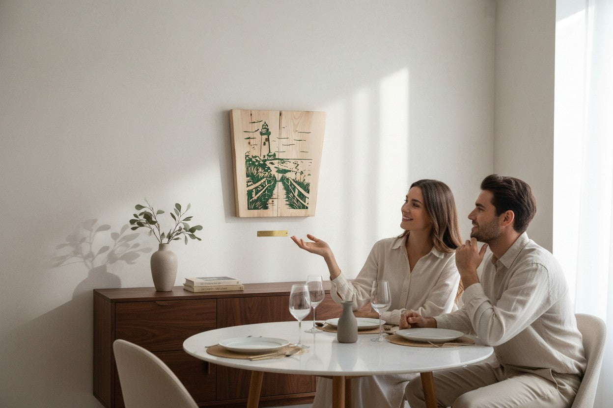 TK Wood Designs wooden sign with carved green lighthouse scene and path. Natural wood finish.