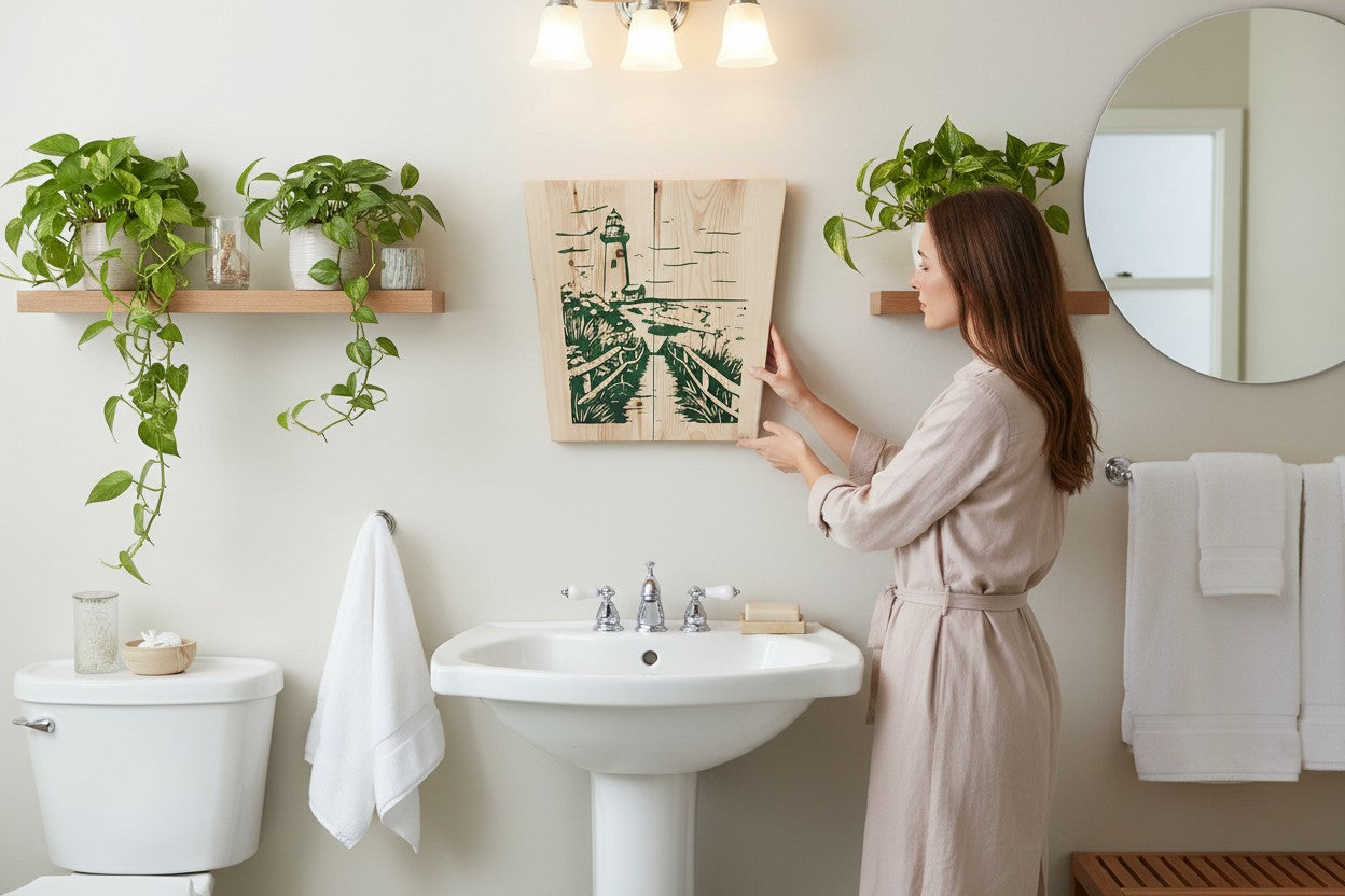 TK Wood Designs wooden sign with carved green lighthouse scene, pathway, and sea. Natural wood finish.