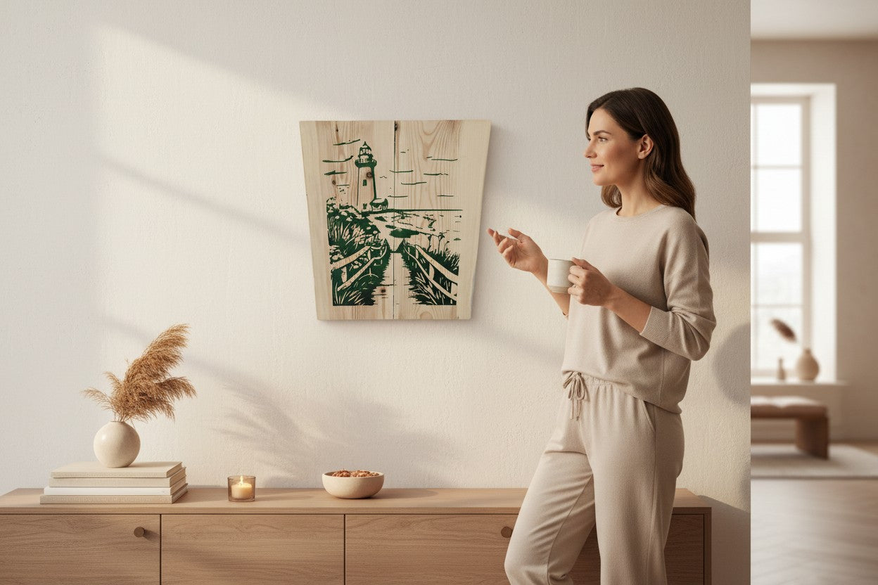 TK Wood Designs wooden sign with carved green lighthouse scene and path. Natural wood finish.