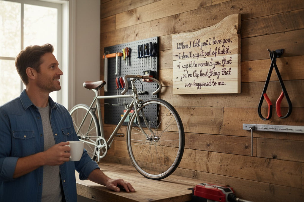 TK Wood Designs live edge wood wall art with engraved romantic quote about love and habit. Natural wood finish.