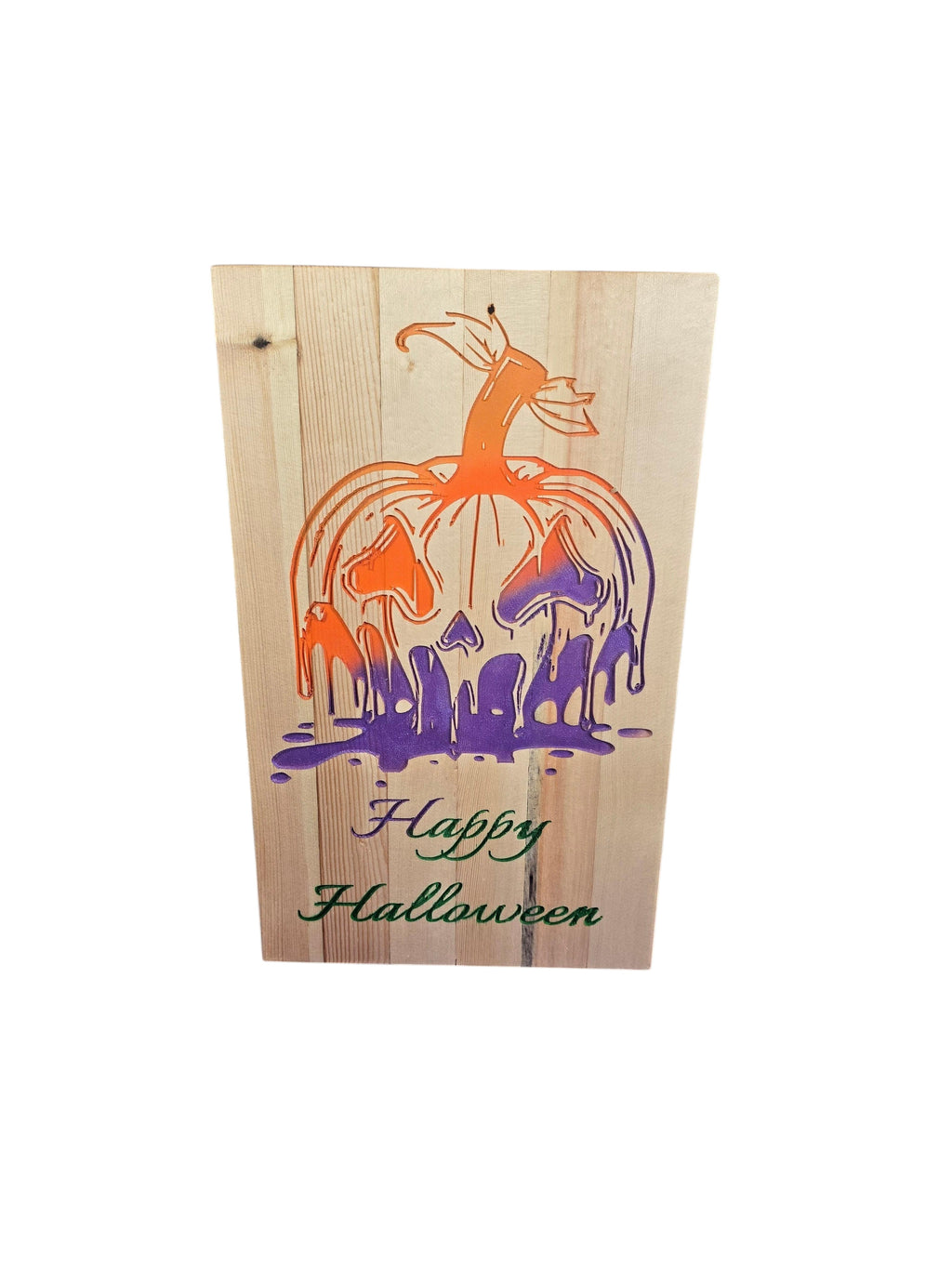 TK Wood Designs handcrafted wooden Halloween sign featuring a melting jack-o-lantern in orange and purple with green text reading "Happy Halloween".
