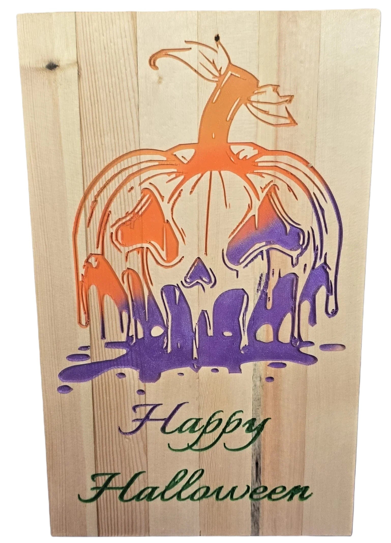 TK Wood Designs handcrafted wooden Halloween sign featuring a melting pumpkin in orange and purple with