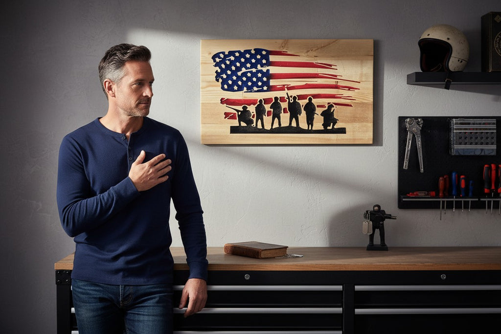 TK Wood Designs rustic American flag wall art with distressed red stripes, blue field, white stars, and silhouette of soldiers.