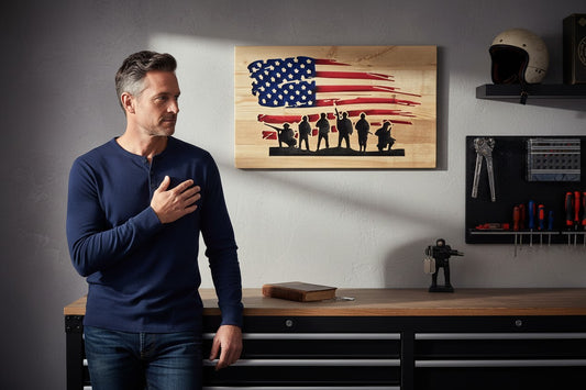 TK Wood Designs rustic American flag wall art with distressed red stripes, blue field, white stars, and silhouette of soldiers.