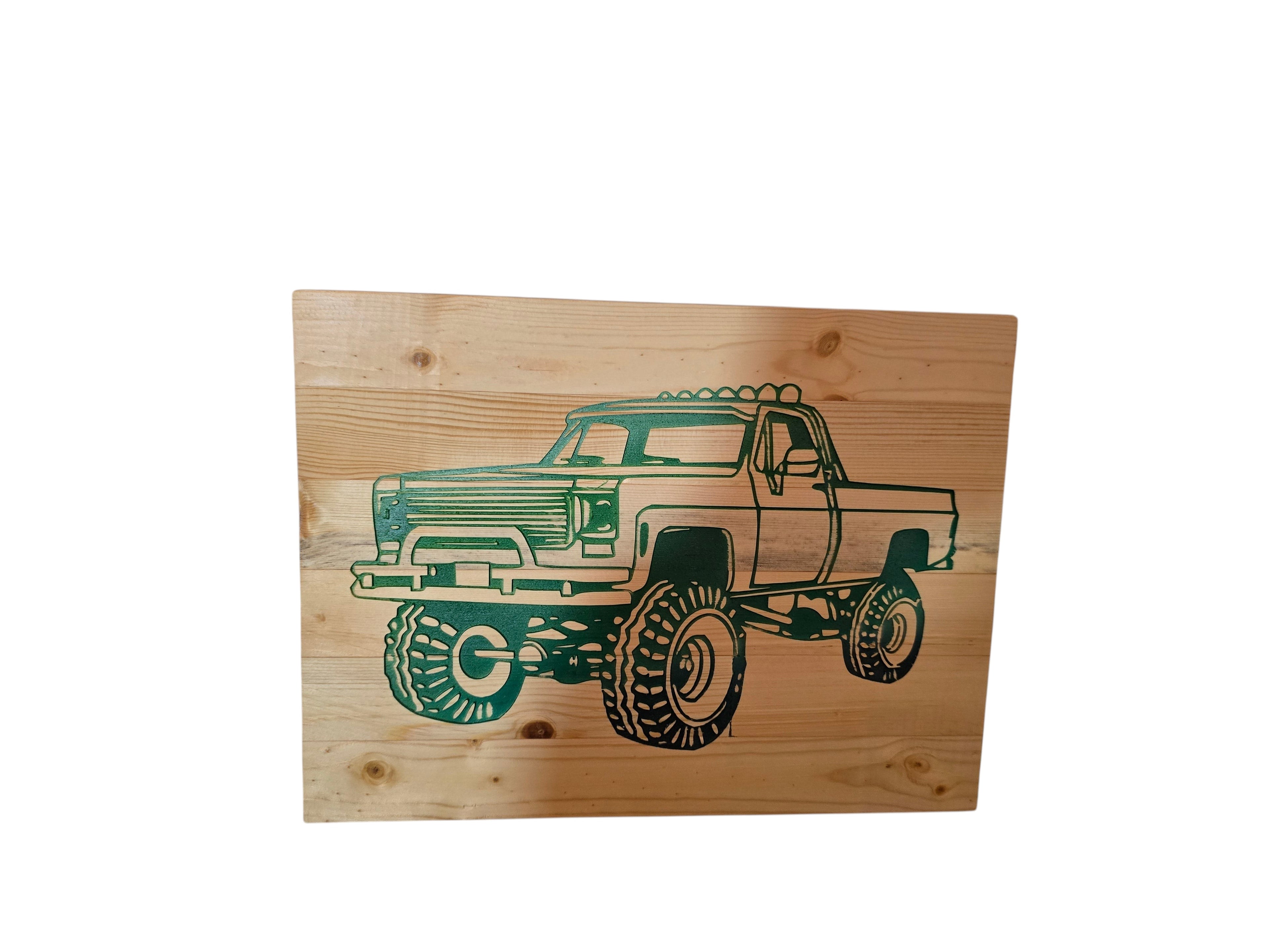 TK Wood Designs vintage monster truck wood wall art, featuring a green silhouette on natural wood.