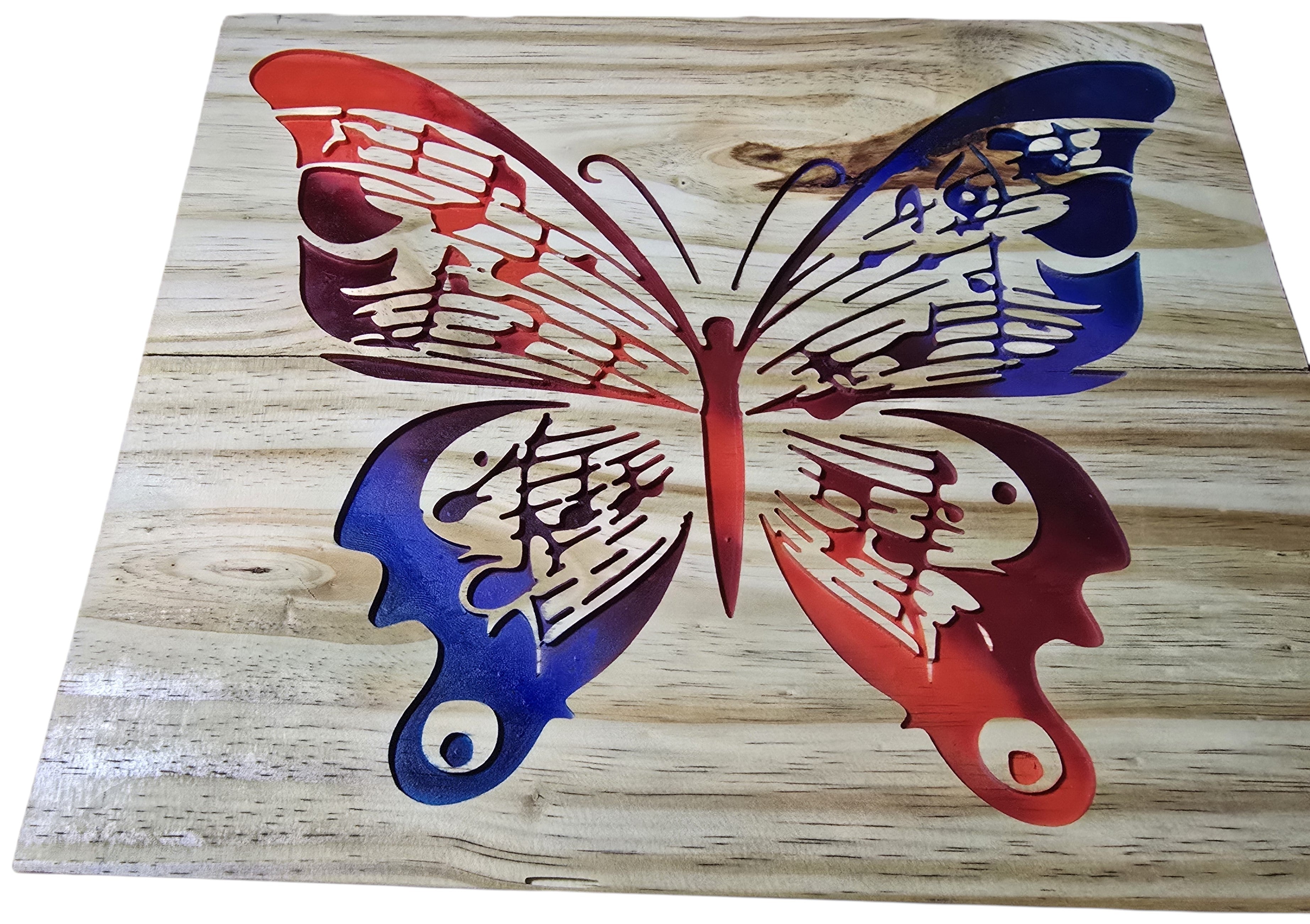 TK Wood Designs Music Note Butterfly wall art, handcrafted from salvaged wood, painted red and blue with musical notes.