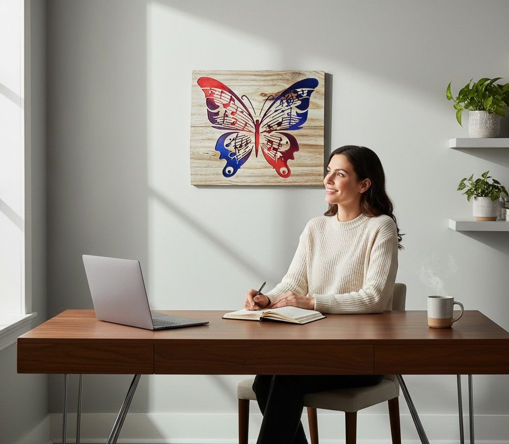 TK Wood Designs Music Note Butterfly wall art, handcrafted from salvaged wood, painted red, blue, and purple with intricate cutouts.