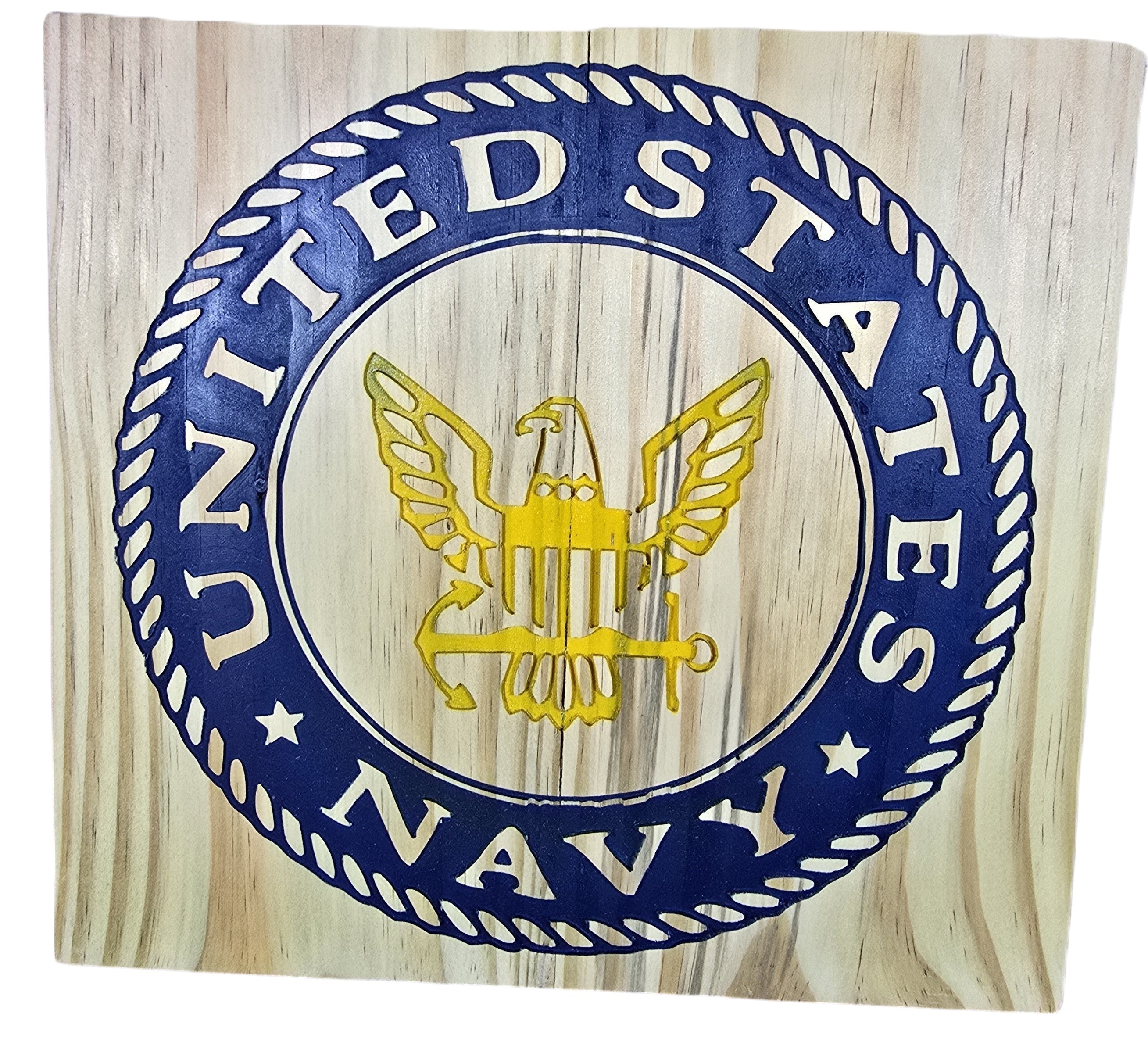 TK Wood Designs United States Navy emblem wall art, natural wood with blue and gold eagle and anchor design.