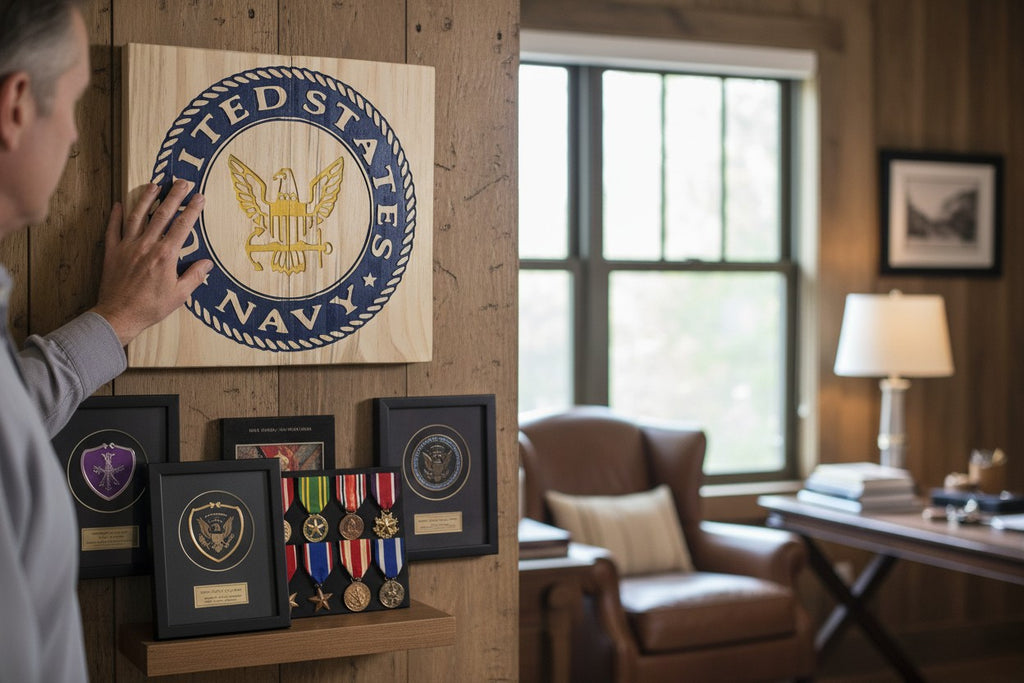 TK Wood Designs navy and gold United States Navy emblem carved on light wood.