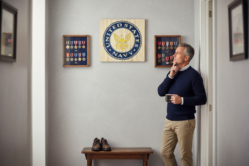 TK Wood Designs navy and gold United States Navy emblem carved on light wood.