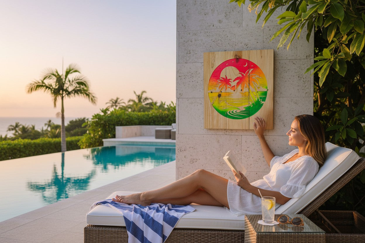TK Wood Designs neon beach scene wood sign with palm trees, sun, and water in vibrant pink, orange, yellow, and green.