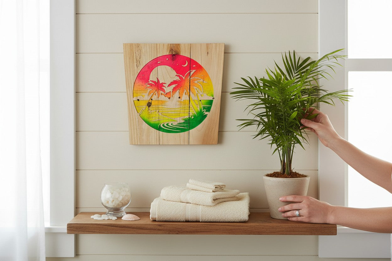 TK Wood Designs neon beach scene on salvaged wood sign with palm trees and vibrant sunset colors.