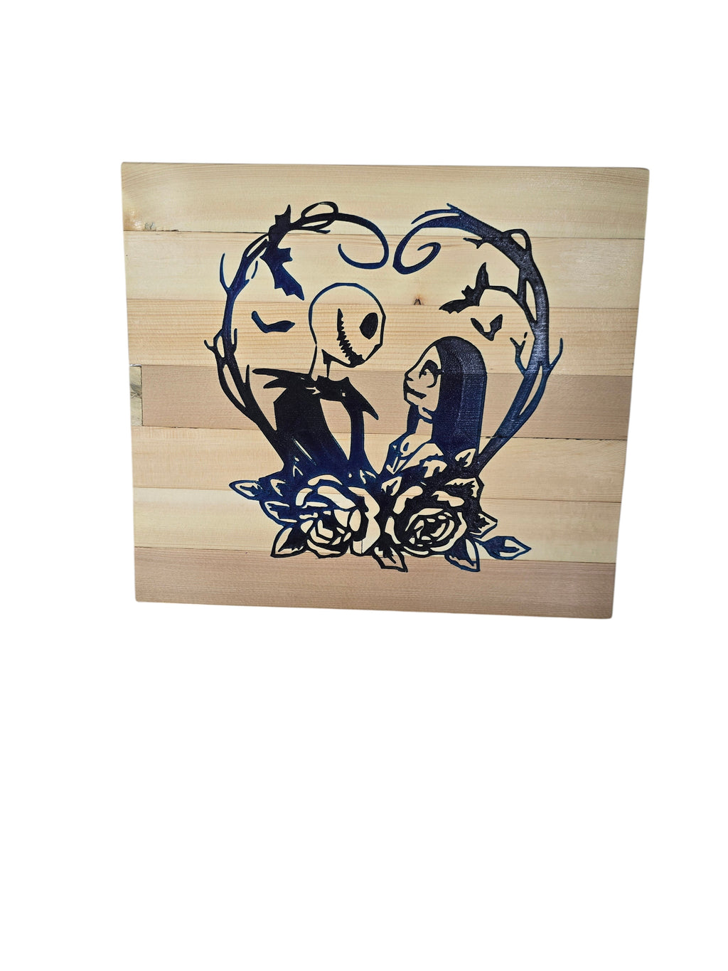 TK Wood Designs Nightmare Before Christmas heart art with Jack & Sally silhouettes, roses, and bats on wood planks.