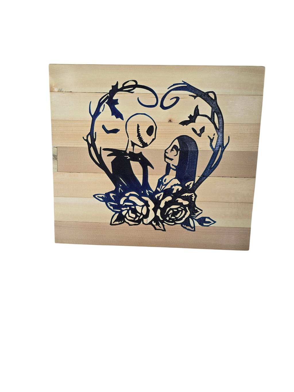 TK Wood Designs Nightmare Before Christmas heart art with Jack & Sally silhouettes, roses, and bats on wood planks.