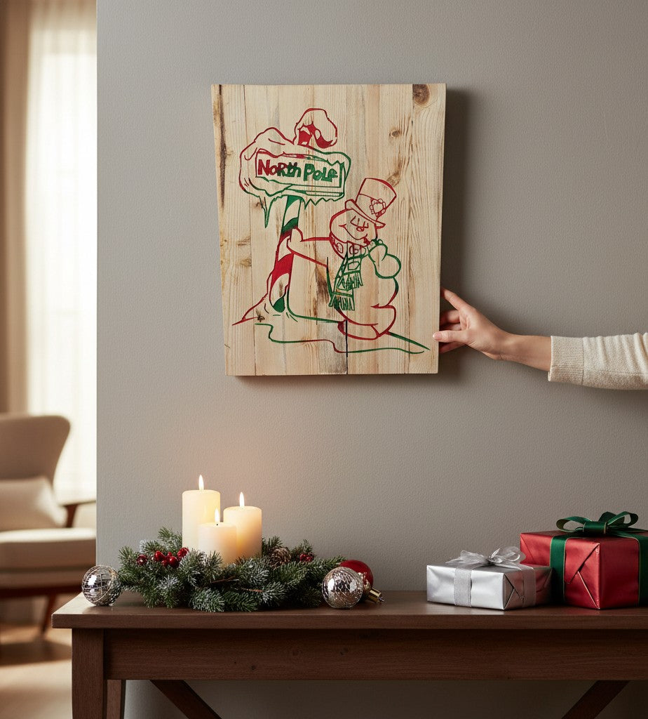 TK Wood Designs rustic reclaimed wood sign with hand-painted North Pole signpost and snowman in red and green.