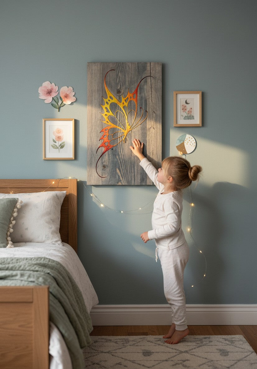 TK Wood Designs handmade salvaged wood butterfly decor, painted orange and yellow, with intricate wing details on a grey wood plank background.