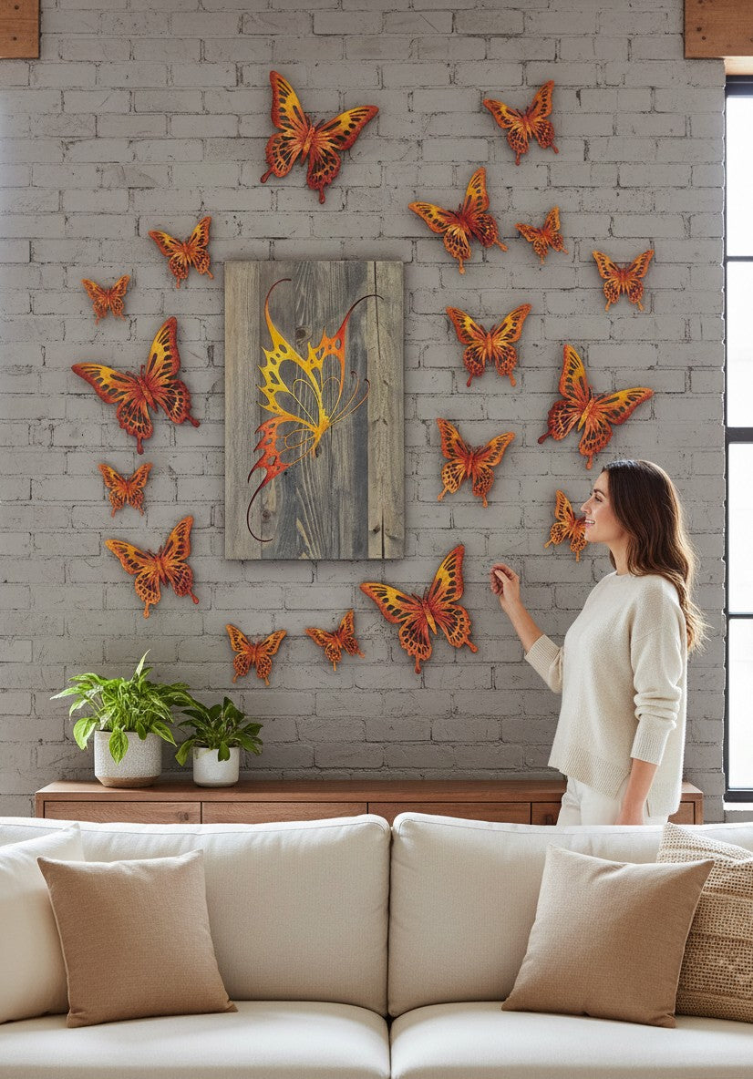 TK Wood Designs handmade salvaged wood butterfly decor, painted orange and yellow with intricate wing details.
