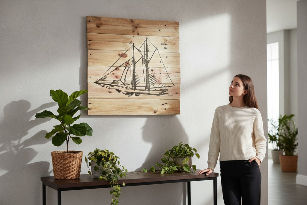 TK Wood Designs rustic pallet wood sailboat sign, 23 1/2" H x 24 1/2" W, with a dark outline design.