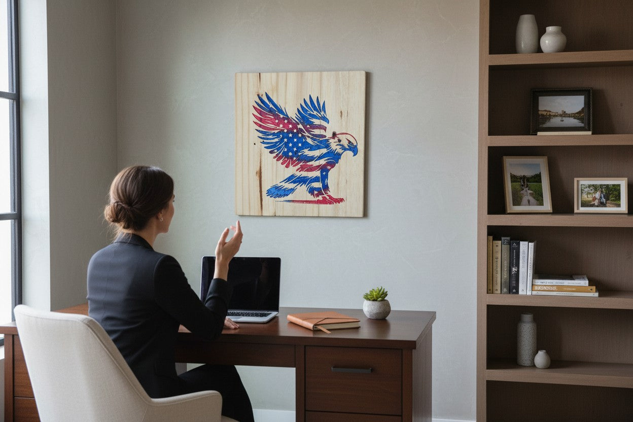 TK Wood Designs patriotic wooden sign featuring a carved eagle with American flag wings in red, white, and blue.