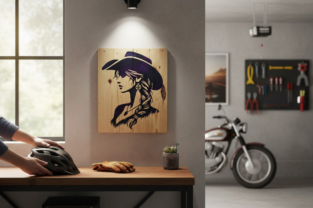 TK Wood Designs purple and black cowgirl silhouette on a rustic wood sign. Features braided hair and a cowboy hat.
