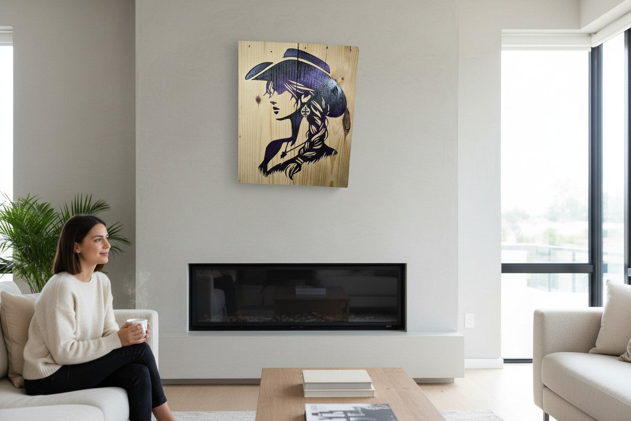 TK Wood Designs purple and black cowgirl silhouette on a rustic wood sign. Features a braided hairstyle and western hat.