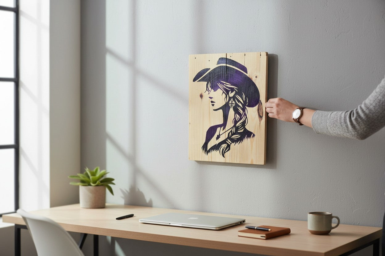 TK Wood Designs purple and black cowgirl silhouette on a rustic wood sign. Features a braided hairstyle and western hat.