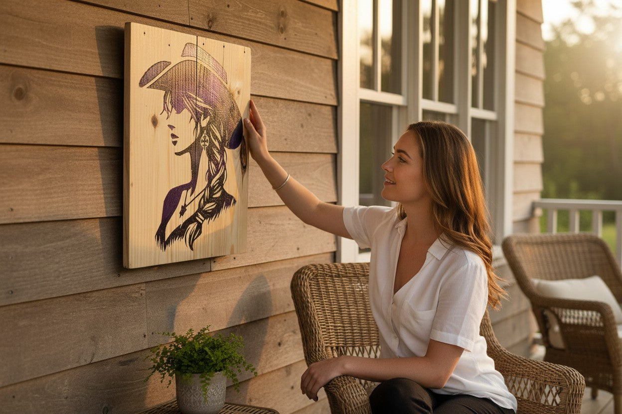 TK Wood Designs purple and black cowgirl silhouette on a rustic wood sign. Features braided hair and a cowboy hat.